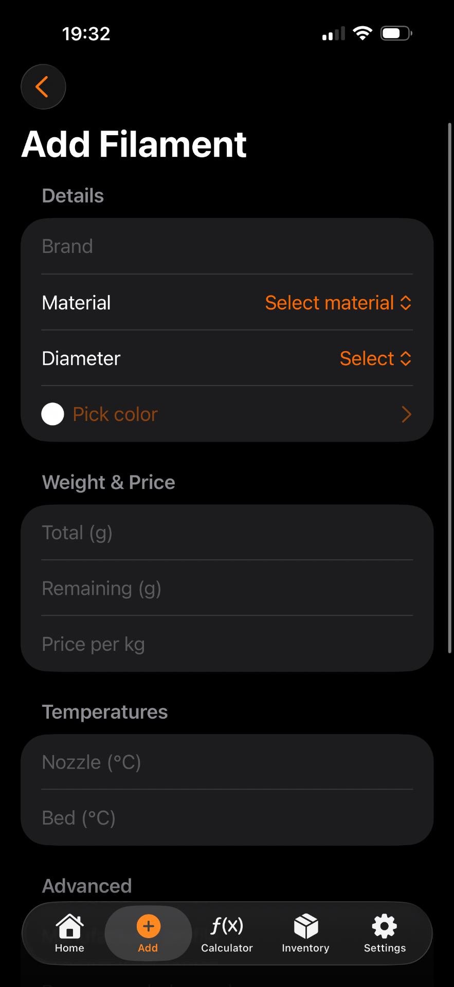Přidání nového filamentu v aplikaci Filastore
