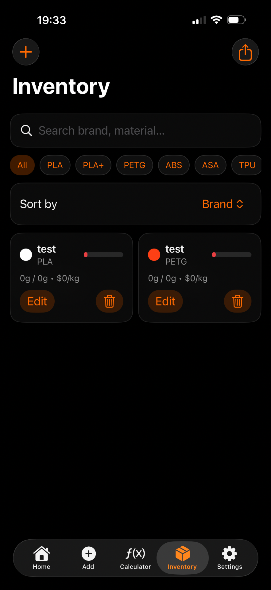 Inventář filamentů v aplikaci Filastore